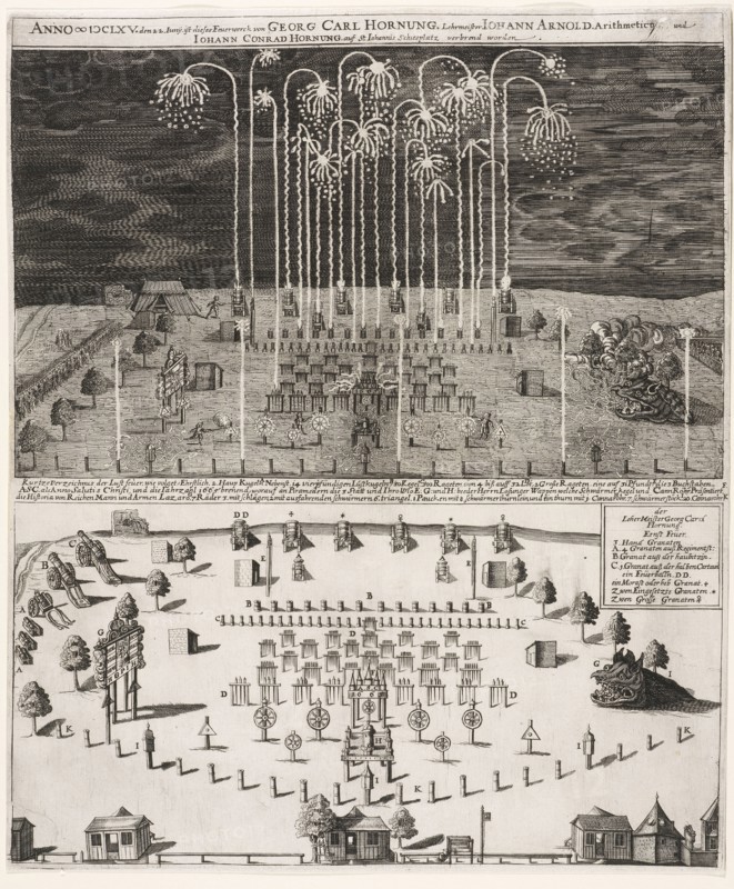 Des Herculis Feuerwerck auf dem hohen Walle in der Churfürstl. Sächs: Residenz Stadt Dresden verbrennet den 28 Februarÿ Ao. 1678