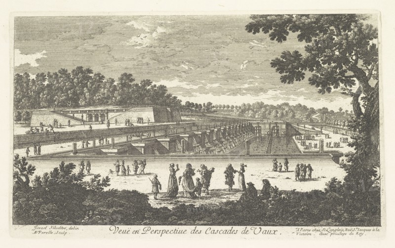 Veue en perspective des cascades de Vaux, Perelle engravings of Paris, royal residences, chateaux of France