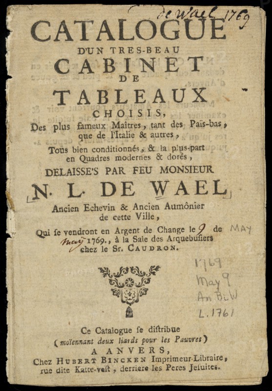 Title page, Catalogue d'un tres-beau cabinet de tableaux choisis, des plus fameux maîtres, tant des Païs-Bas, que de l'Italie