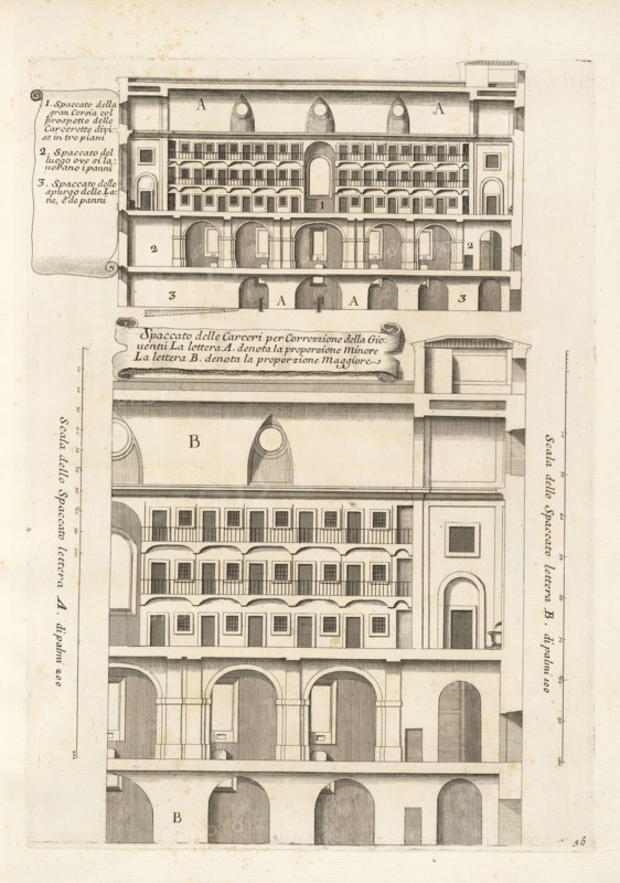 Spaccato della gran corsia col prospetto delle carcerette divise in tre pianti, Stvdio d'architettvra civile sopra gli ornamenti