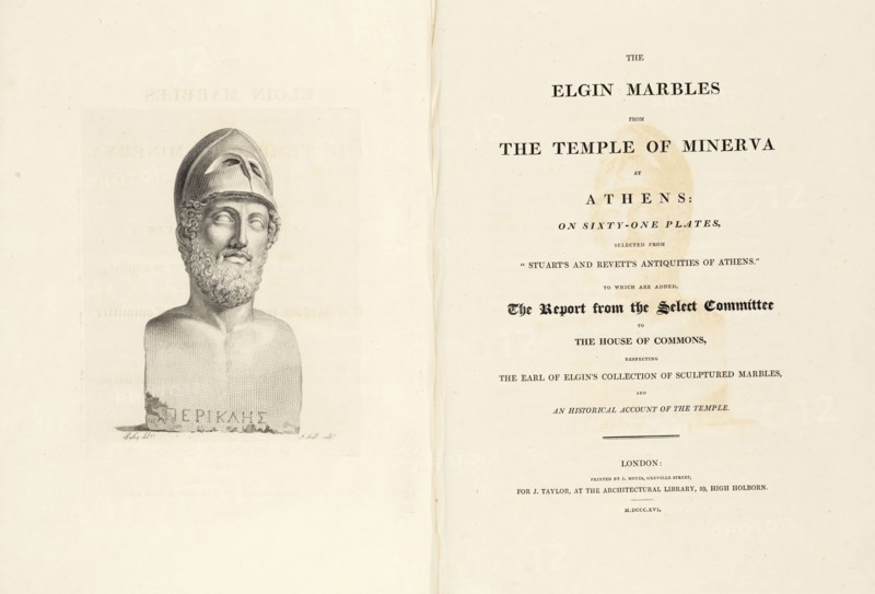 Frontispiece and title page, The Elgin marbles from the Temple of Minerva at Athens, Revett, Nicholas, 1720-1804, Stuart, James