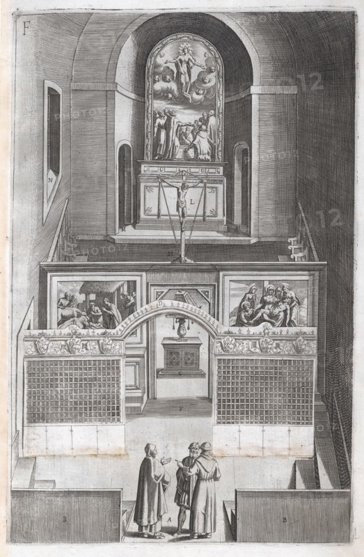 Leaf F: Interior of Chiesa Minore, Descrizione del sacro monte della Vernia, Ligozzi, Jacopo, 1547-1626, Moroni, Lino, Engraving