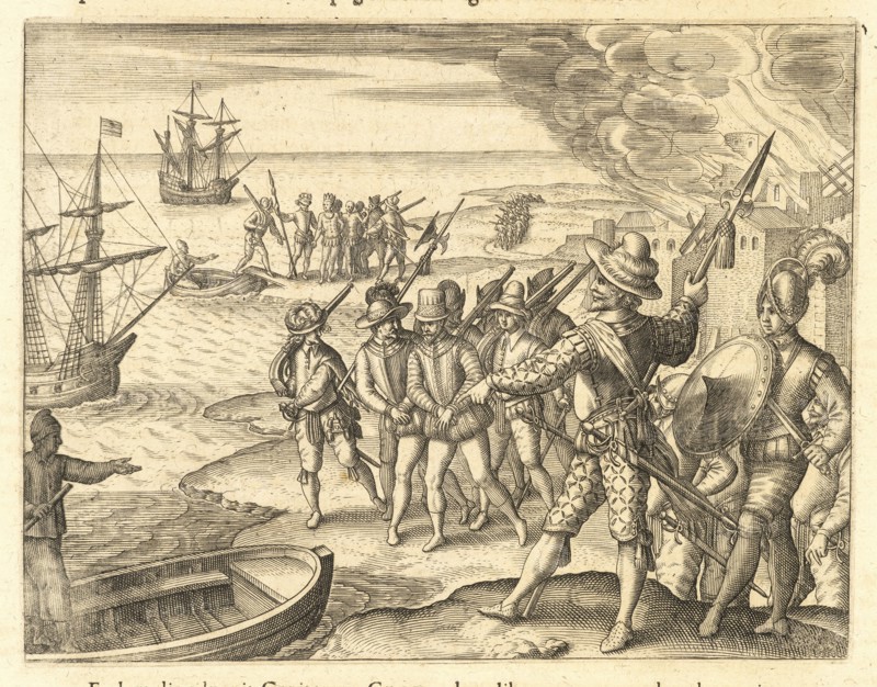 Sir Walter Raleigh taking Antonio de la Hoz Berrío and Alvaro Jorge as prisoners on the Island of Trinidad, Americae pars VIII
