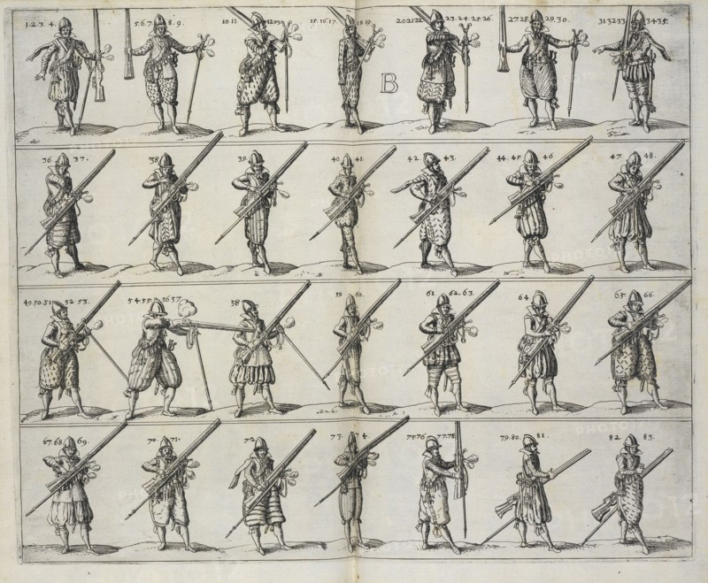Figures of soldiers with muskets, L'art militaire pour l'infanterie, Wallhausen, Johann Jacobi von, 17th cent., Etching, 1615
