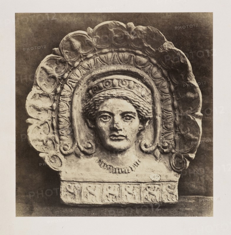 Female head antefix, Ancient sculptural reliefs, Marville, Charles, 1816-ca. 1879, Albumen, between 1855 and 1859