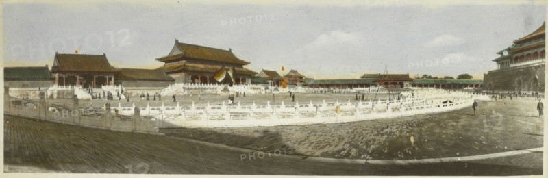 Panoramic view of the first courtyard of the Forbidden City, Beijing, China, LeMunyon, C. E., Hand-colored, oil?, gelatin silver