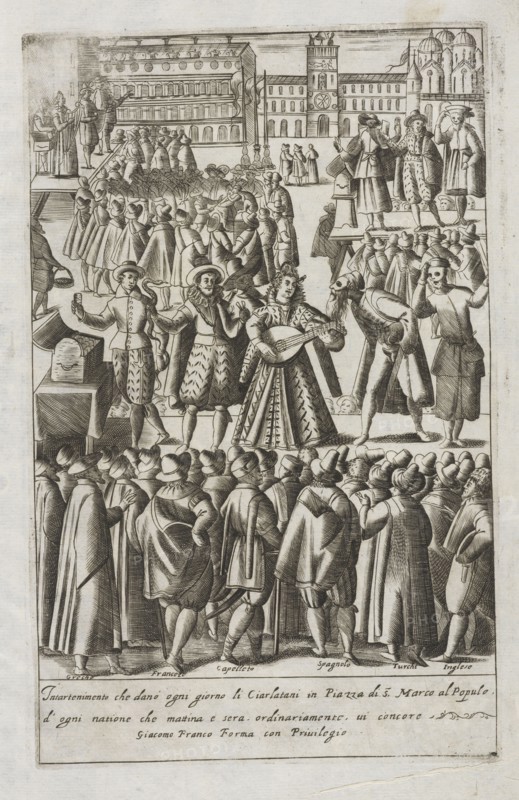 Ciarlatani in Piazza di S. Marco, Habiti d'hvomeni et donne venetiane, Franco, Giacomo, 1550-1620, Engraving, black-and-white