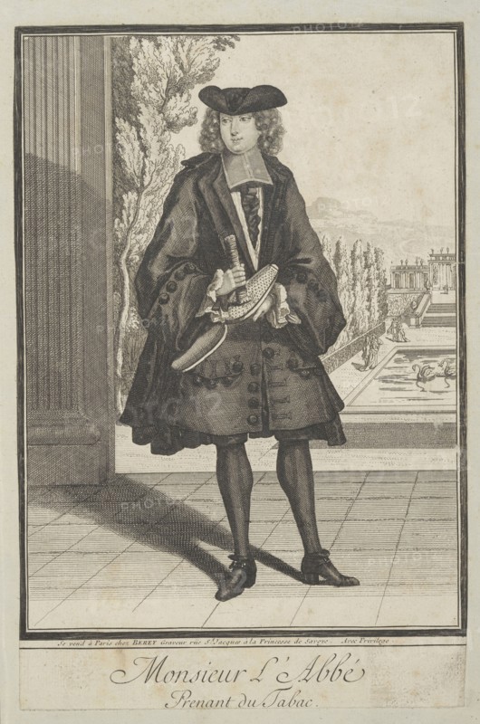 Monsieur l'abbé prenant du tabac, Costumes français du 17e siècle, Anonymous, ca. 1688-1689