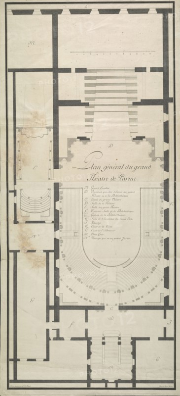 Plan général du grand théatre de Parme, Italian theater prints, Feneulle, Luigi Augusto, Patrini, Giuseppe, ca. 1782