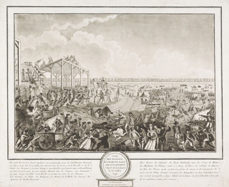 Vue des travaux du Champs de Mars par les Parisiens l'an 1er de la liberté le 12 juillet 1790: le patriotisme surmonte