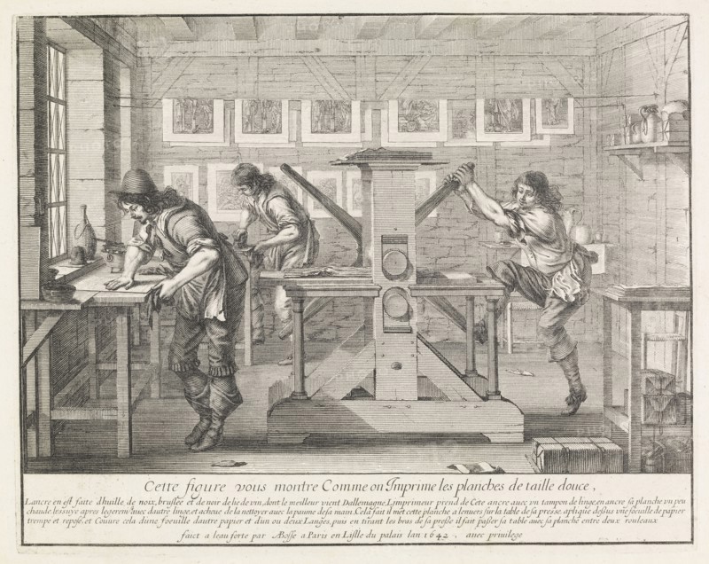 Cette figure vous montre comme on imprime les planches de taille douce, Bosse, Abraham, 1602-1676, Etching, black-and-white