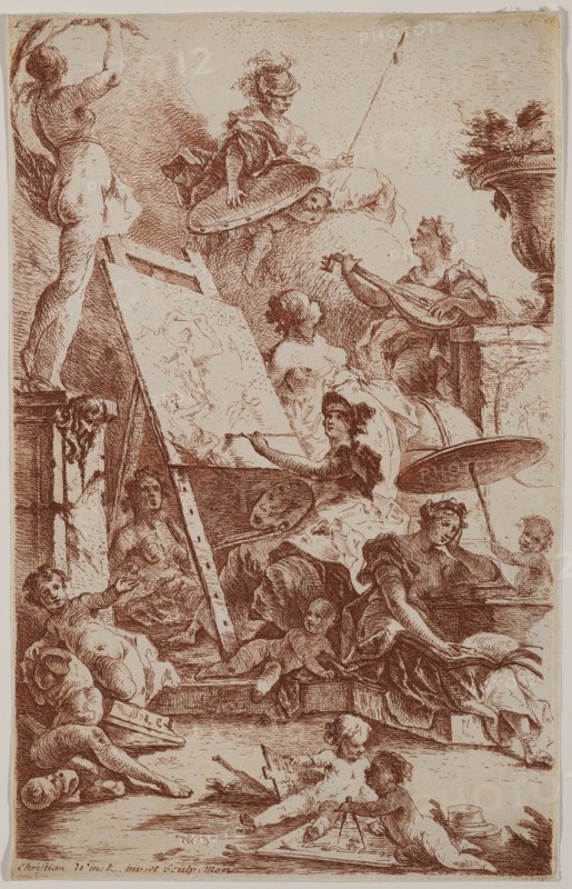 Allegory of painting, Winck, Christian, 1738-1797, Etching, red ink, ca. 1770