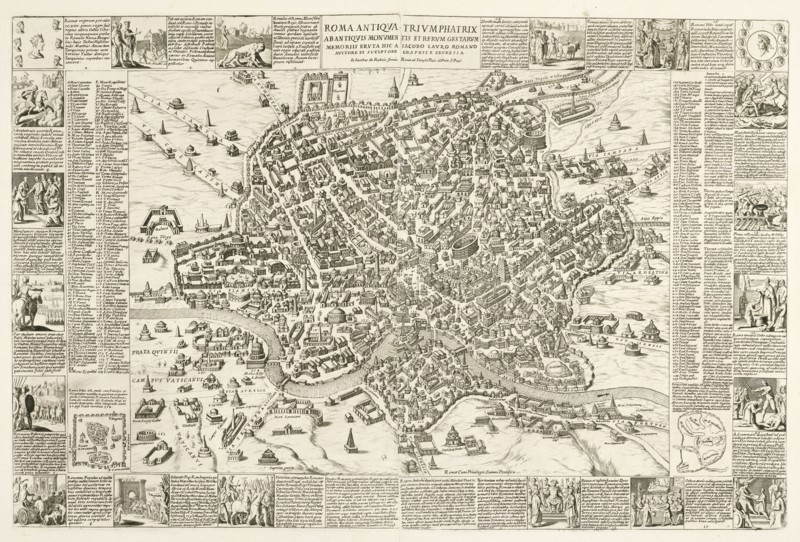 Roma antiqua triumphatrix ab antiquis monumentis et rerum gestarum memoriis eruta, map of Rome, Lauro, Giacomo, 17th cent