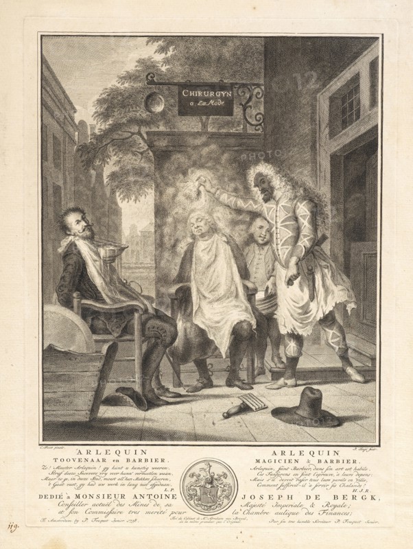Arlequin magicien and barbier, Italian theater prints, 1758