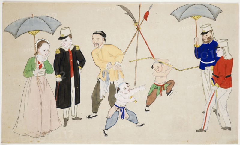 Europeans watching a martial arts demonstration, Foreigners in China, Woodcut, hand-colored