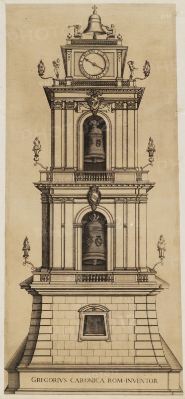 Bell tower with the arms of Pope Gregory XIII, Wolfgang Engelbert Graf von Auersperg collection of architectural prints