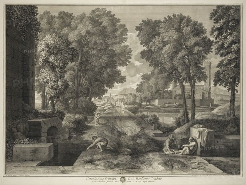 Landscape with a Roman road, print after paintings by Nicolas Poussin, Baudet, Etienne, 1638-1711, Monier, Pierre, 1641-1703