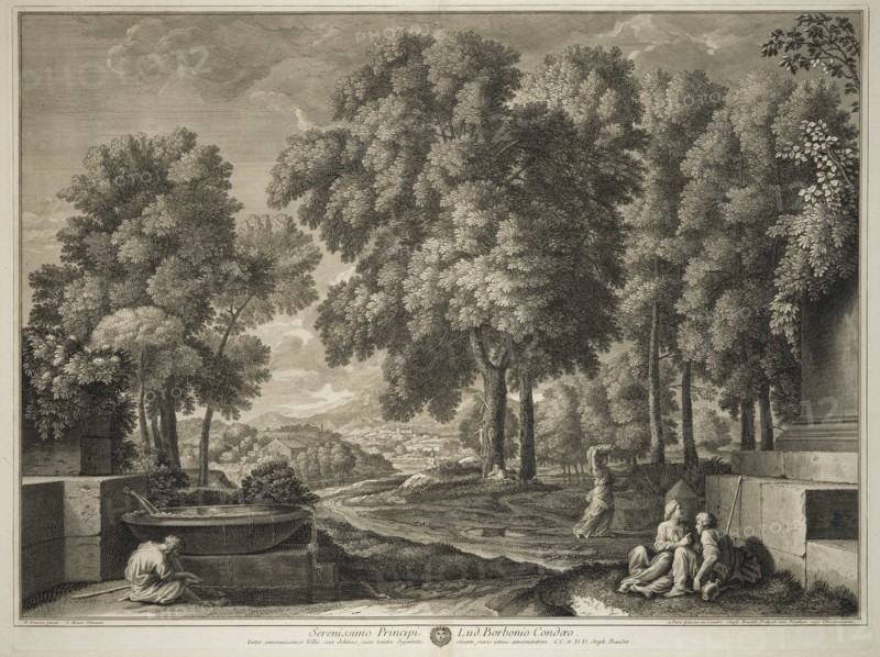 Landscape with man washing his feet at a fountain, print after paintings by Nicolas Poussin, Baudet, Etienne, 1638