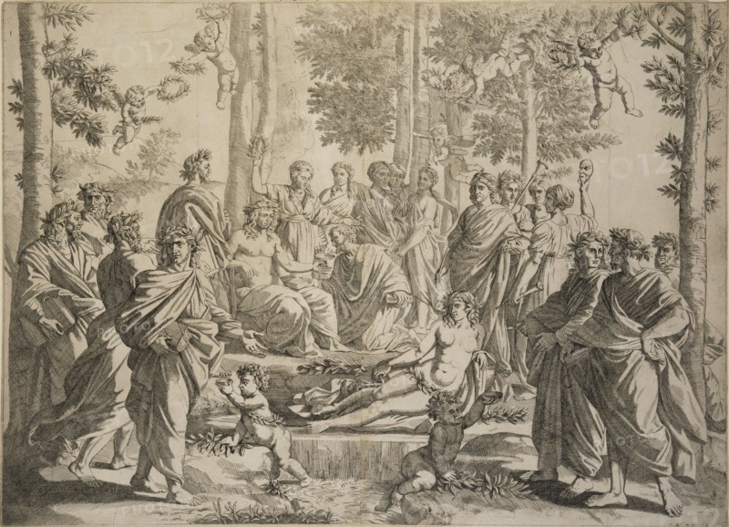 Apollo and the Muses on Parnassus, print after paintings by Nicolas Poussin, Dughet, Jean, ca. 1614-ca. 1679