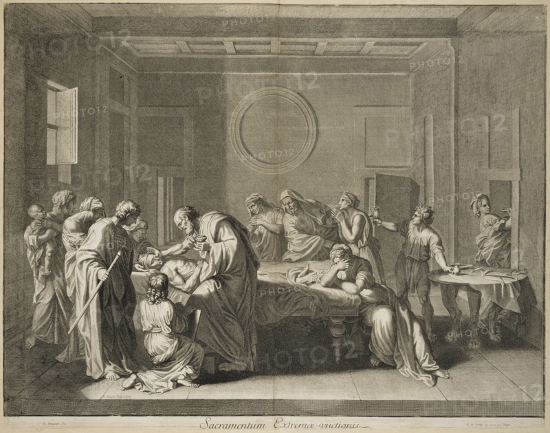 Sacramentum Extremae-unctionis, print after paintings by Nicolas Poussin, Châtillon, Louis de, 1639-1734, Poilly