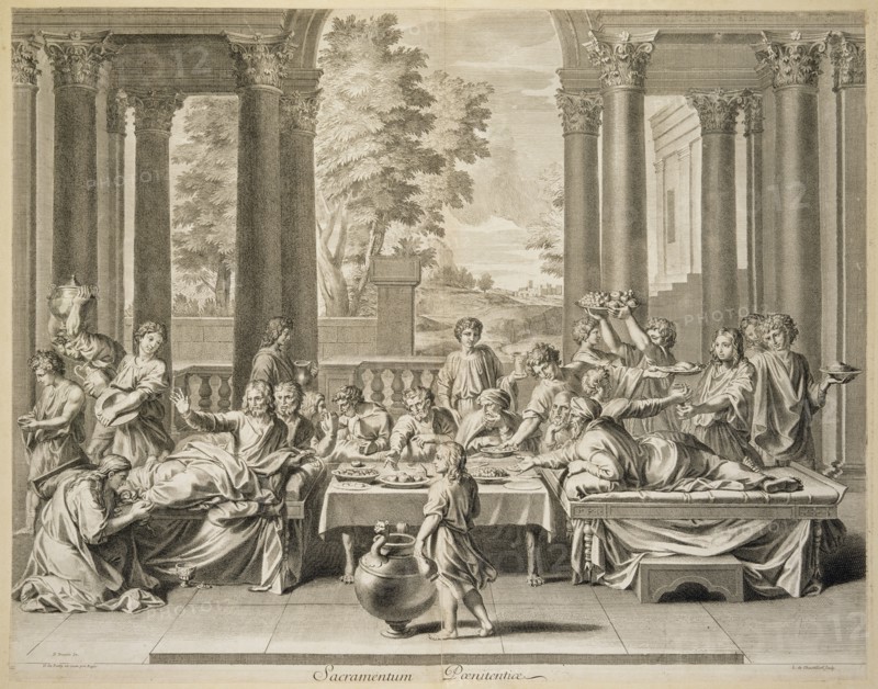 Sacramentum Poenitentiae, print after paintings by Nicolas Poussin, Châtillon, Louis de, 1639-1734, Poilly