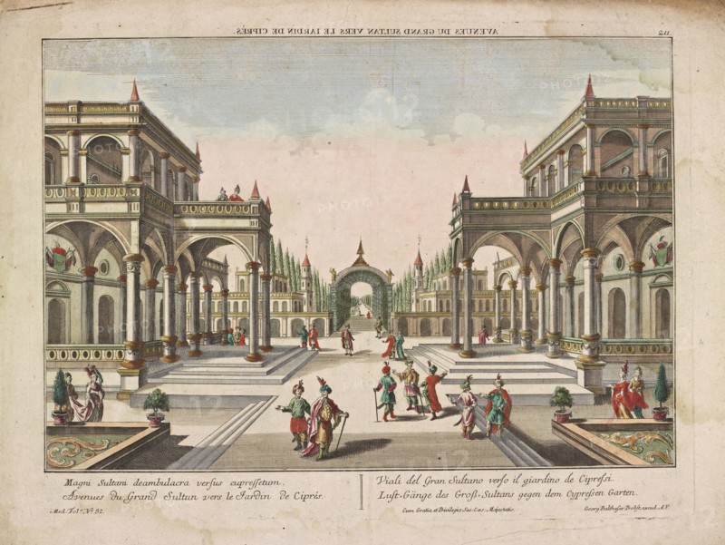 Avenues du Grand Sultan vers le Jardin de Ciprés, European vues d'optique, Probst, Georg Balthasar, engraving