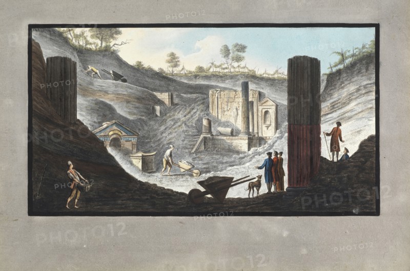 View of the first discovery of the Temple of Isis at Pompeii, Campi Phlegræi., Fabris, Peter, 18th cent., Hamilton, William, Sir