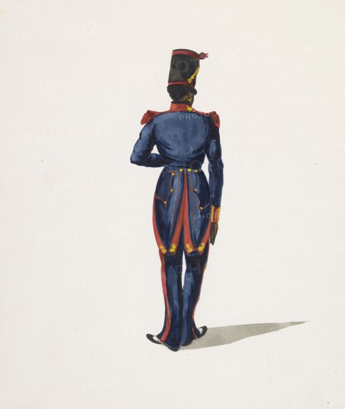 View of soldier in blue uniform from behind, Costumes of Lima, Peru, Watercolor, ca. 1860
