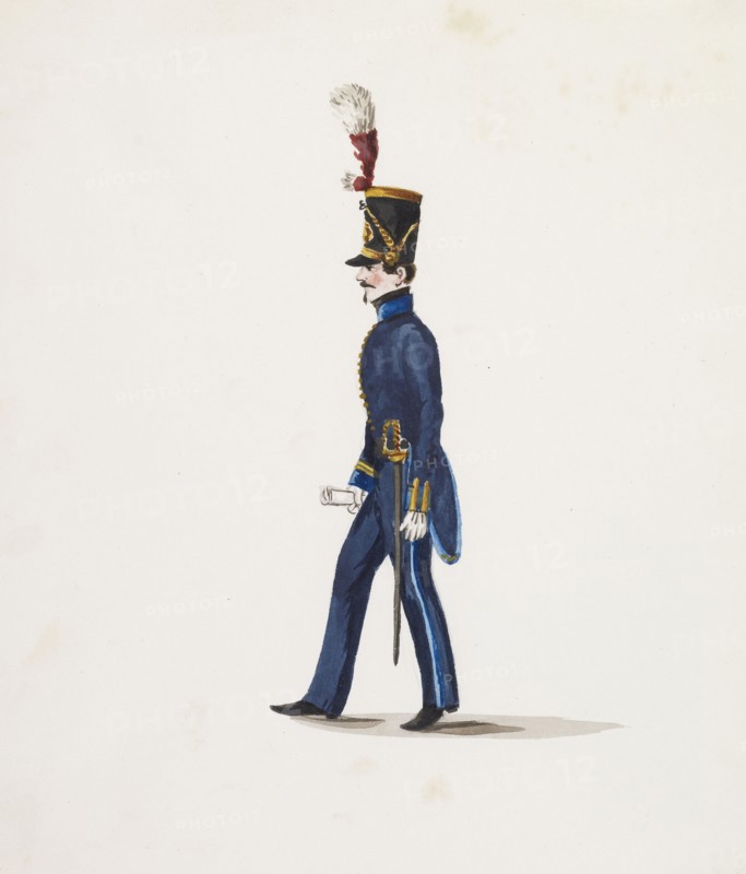 Side view of soldier in blue uniform, Costumes of Lima, Peru, Watercolor, ca. 1860