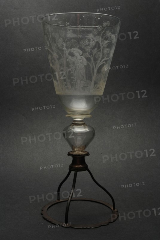 Chalice in façon de Venise style, engraved with pastoral scene, wineglass drinking glass drinkware tableware holder glass silver