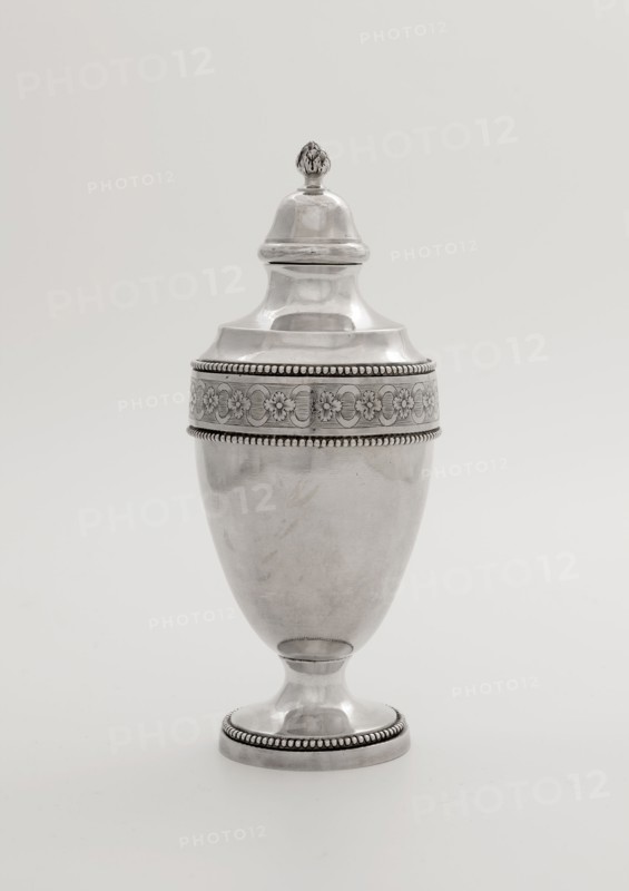 Silver tea caddy, tea caddy holder silver wood, molded engraved Ovoid body on round constricted foot constriction