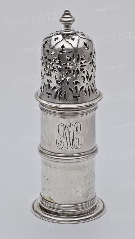 Silver cylindrical sprinkler with openwork lid, scatterer crockery holder silver, cast sawn engraved Cylindrical body on flat