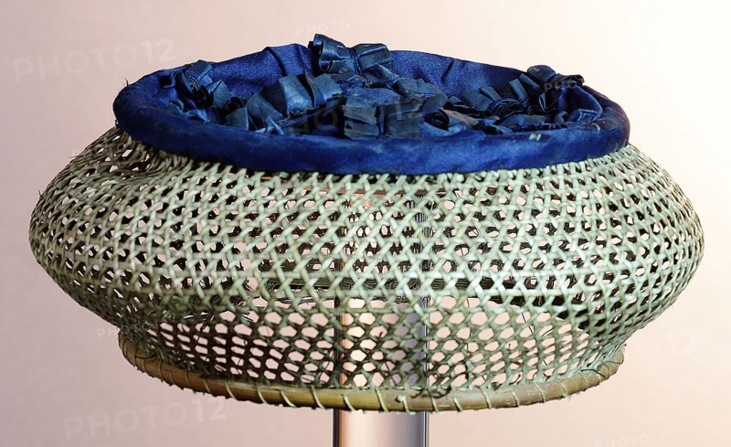 Round children's hat, woven net structure of reeds, topside blue silk with six parts pleated blue ribbon, falcon hat headgear