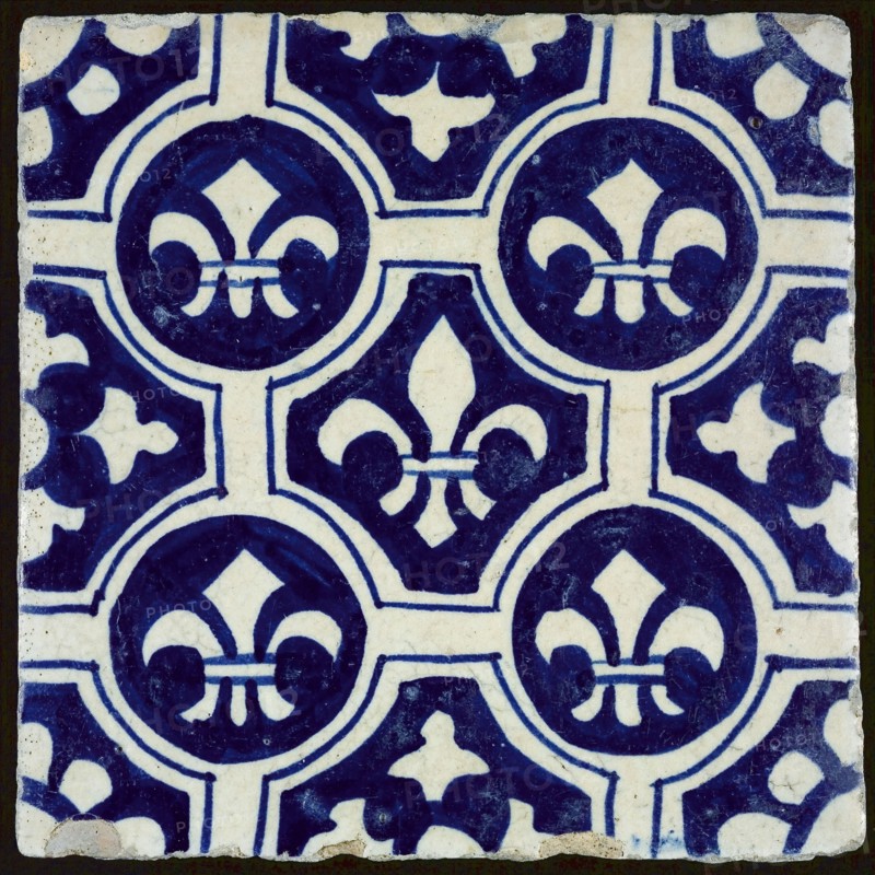Ornament tile with French lily decor, wall tile tile sculpture ceramic earthenware glaze, baked 2x glazed painted Yellow