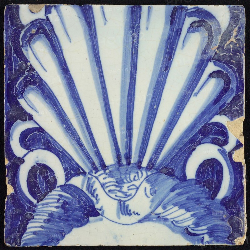 Tile of chimney pilaster, blue on white, part of headdress in shell form, chimney pilaster tile pilaster footage fragment