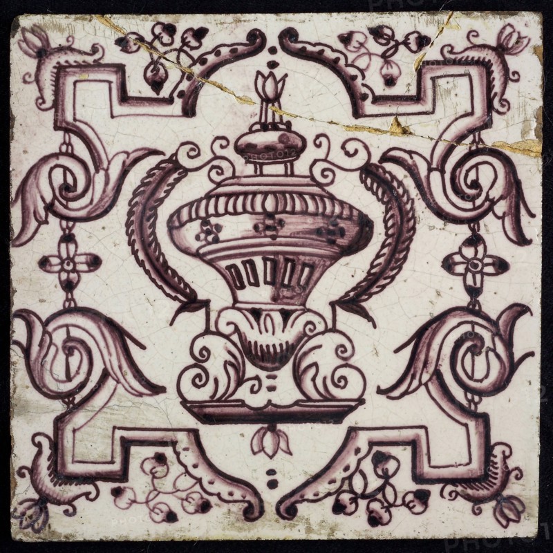 Tile, purple on white, vase with round floral ornaments, framed by régence decoration, wall tile tile sculpture ceramic