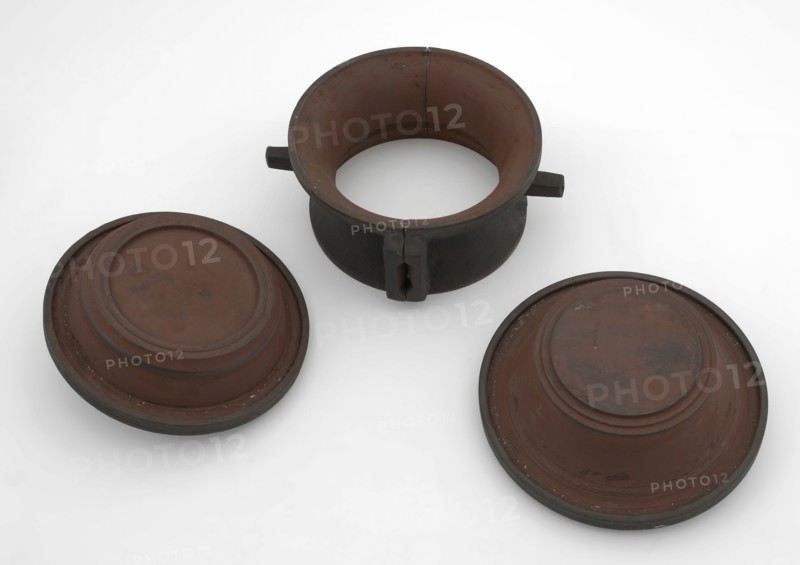 Four-piece bronze mold for neck of jug or jar with initials JVDP and 1752, mold casting tool tools equipment base metal bronze