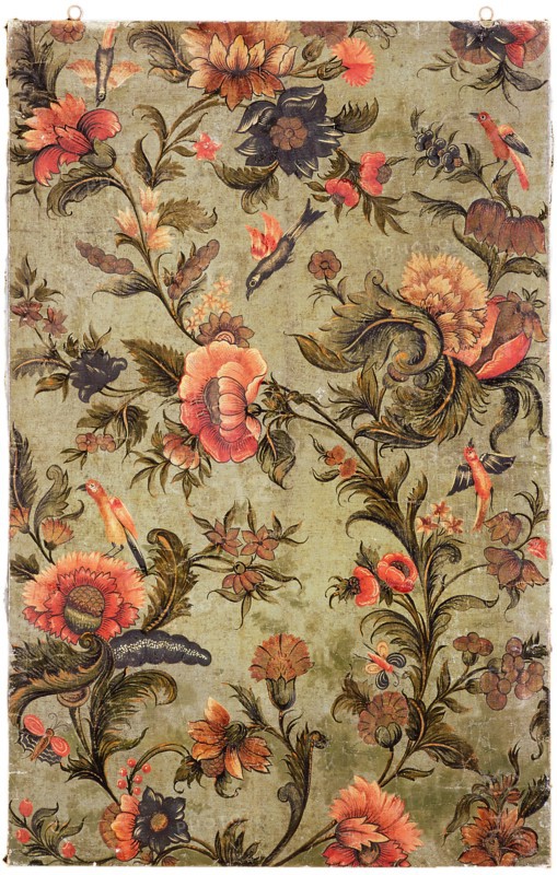 Wallpaper with floral motifs and birds, painting wallpaper canvas linen oil paint paint wood