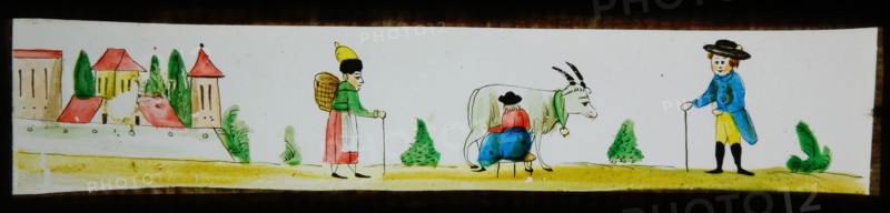 Hand-painted lantern plate with city and goat, slide plate slideshope images glass paper, Hand-painted slides with top