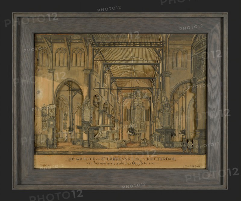 Cutout print interior St. Laurenskerk, cutting art footage paper wood, DE GROOTE or St. LAURENS CHURCH at ROTTERDAM from inside