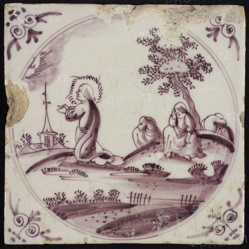 Scene tile, Jesus in prayer on Mount Gethsemane, corner motif ox's head, wall tile tile sculpture ceramic earthenware glaze
