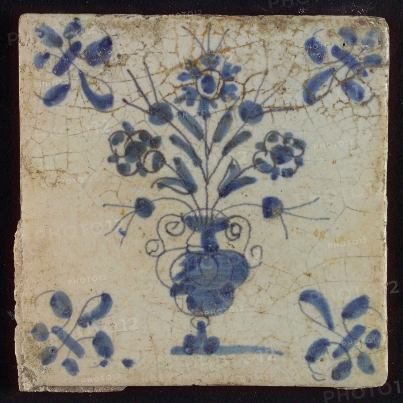 Tile, flower pot in blue on white, corner motif lily, wall tile tile sculpture ceramic earthenware glaze, baked 2x glazed