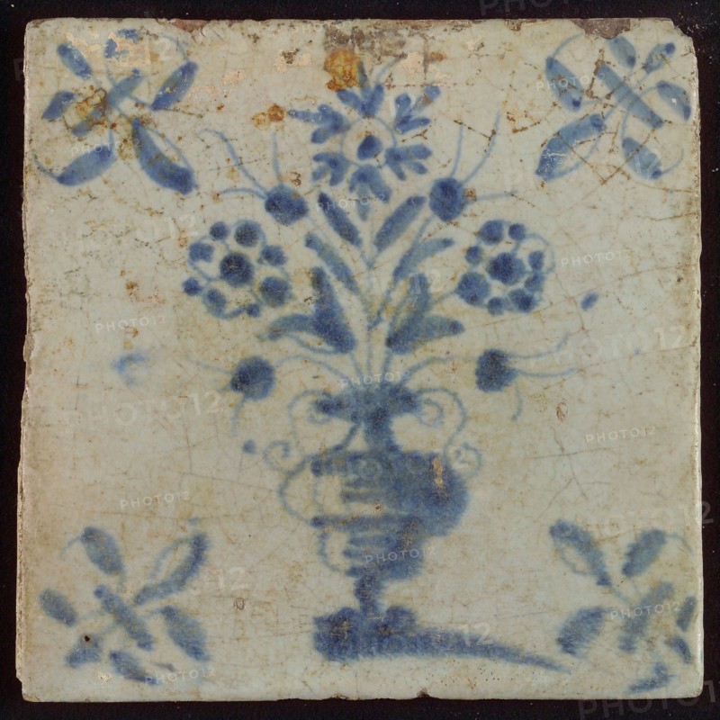 Tile, flowerpot in blue on white, corner pattern lily, wall tile tile sculpture ceramic earthenware glaze, baked 2x glazed