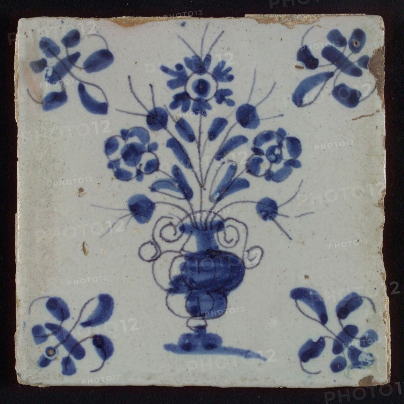 Tile, flowerpot in blue on white, corner motif lily, wall tile tile sculpture ceramic earthenware glaze, baked 2x glazed painted