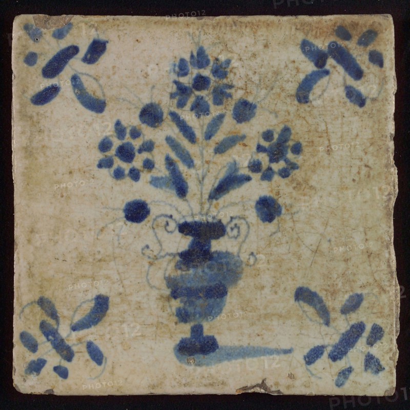 Tile, flowerpot in blue on white, corner motif lily, wall tile tile sculpture ceramic earthenware enamel, baked 2x glazed