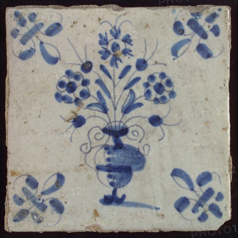 Tile, flowerpot in blue on white, corner motif lily, wall tile tile sculpture ceramic earthenware glaze, baked 2x glazed painted
