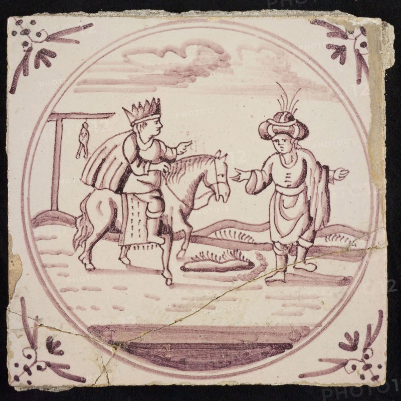 Scene tile, Mordecai with crown on horse, Haman stands aside, corner motif ox's head, wall tile tile sculpture ceramic