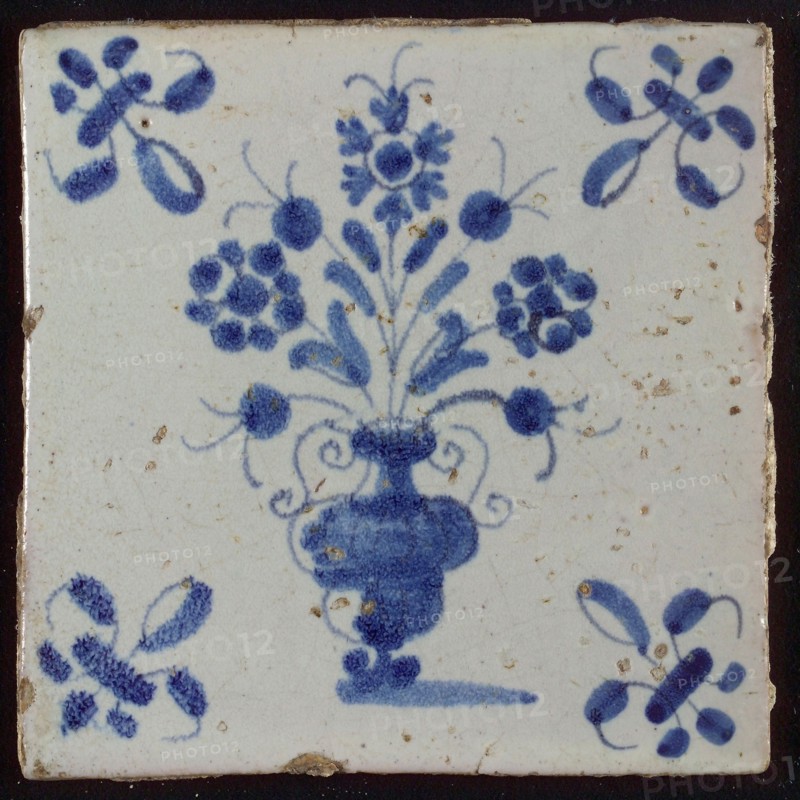 Tile, flower pot in blue on white, corner motif lily, wall tile tile sculpture ceramic earthenware glaze, baked 2x glazed