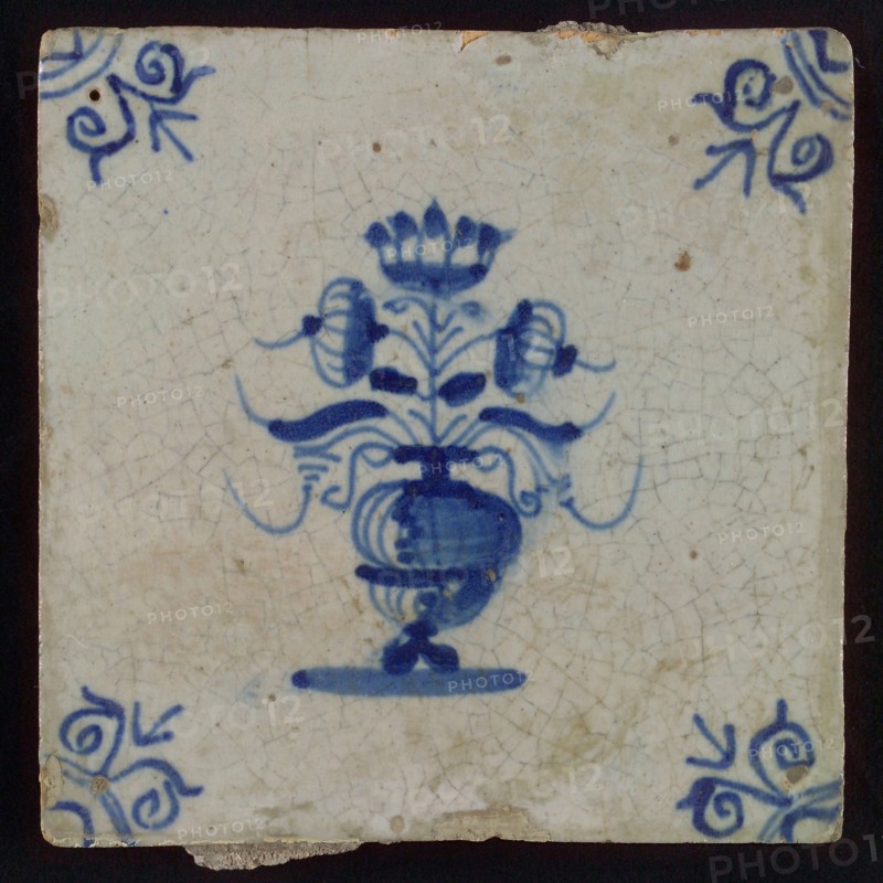 Tile, flowerpot in blue on white, corner motif of ox's head, wall tile tile sculpture ceramic earthenware glaze, baked 2x glazed