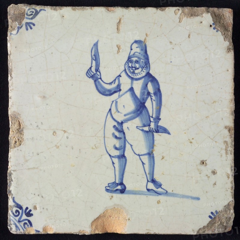 Occupation tile, blue with weaver with weaving spool, corner motif of ox's head, wall tile tile sculpture ceramic earthenware